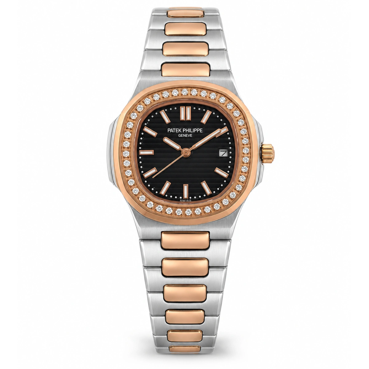 ساعت زنانه Patek Philippe نگین دار دو رنگ نمای روبرو